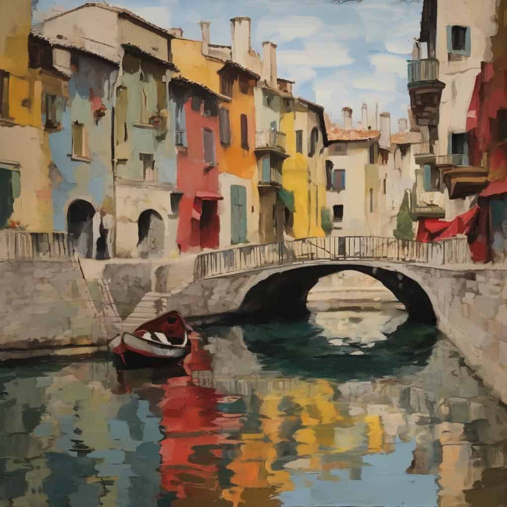 Βυσσινάδα, πολύχρωμα κτήρια και πέτρινη γέφυρα σε ζωγραφική με θέμα την τέχνη και τους μεγάλους δημιουργούς.