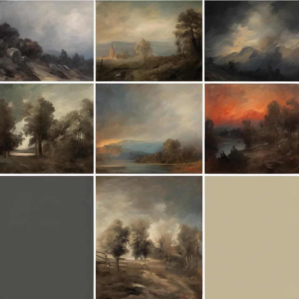 Φωτογραφίες με κλασικά έργα τέχνης μεγάλων δημιουργών, φύση και τοπία, εστίαση στην τέχνη και πολιτισμό.