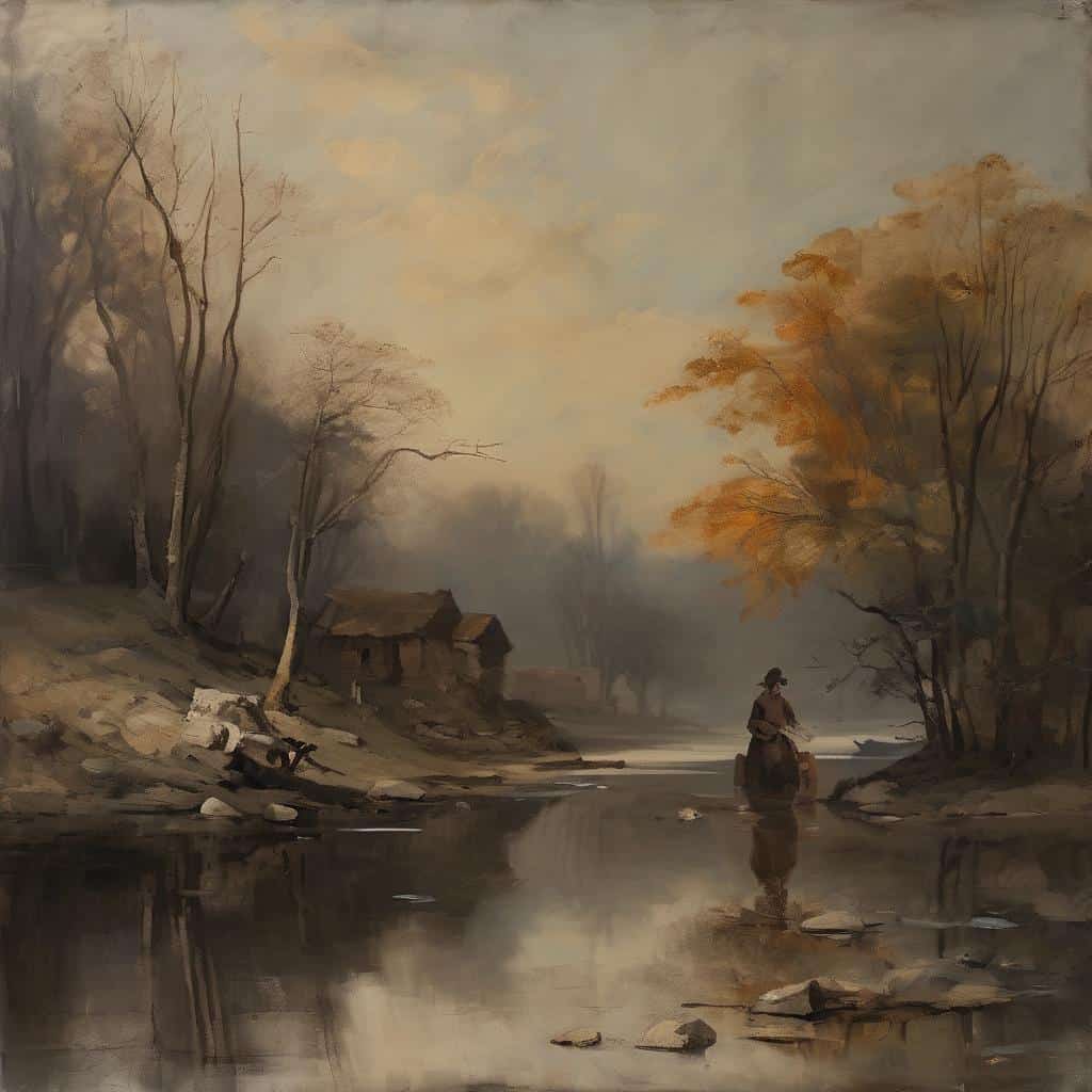 Παράθυρο στη φύση με ήρεμο ποταμό και μοναχικό ψαρά σε καγιάκ, πλούσιο σε τέχνη και δημιουργία.