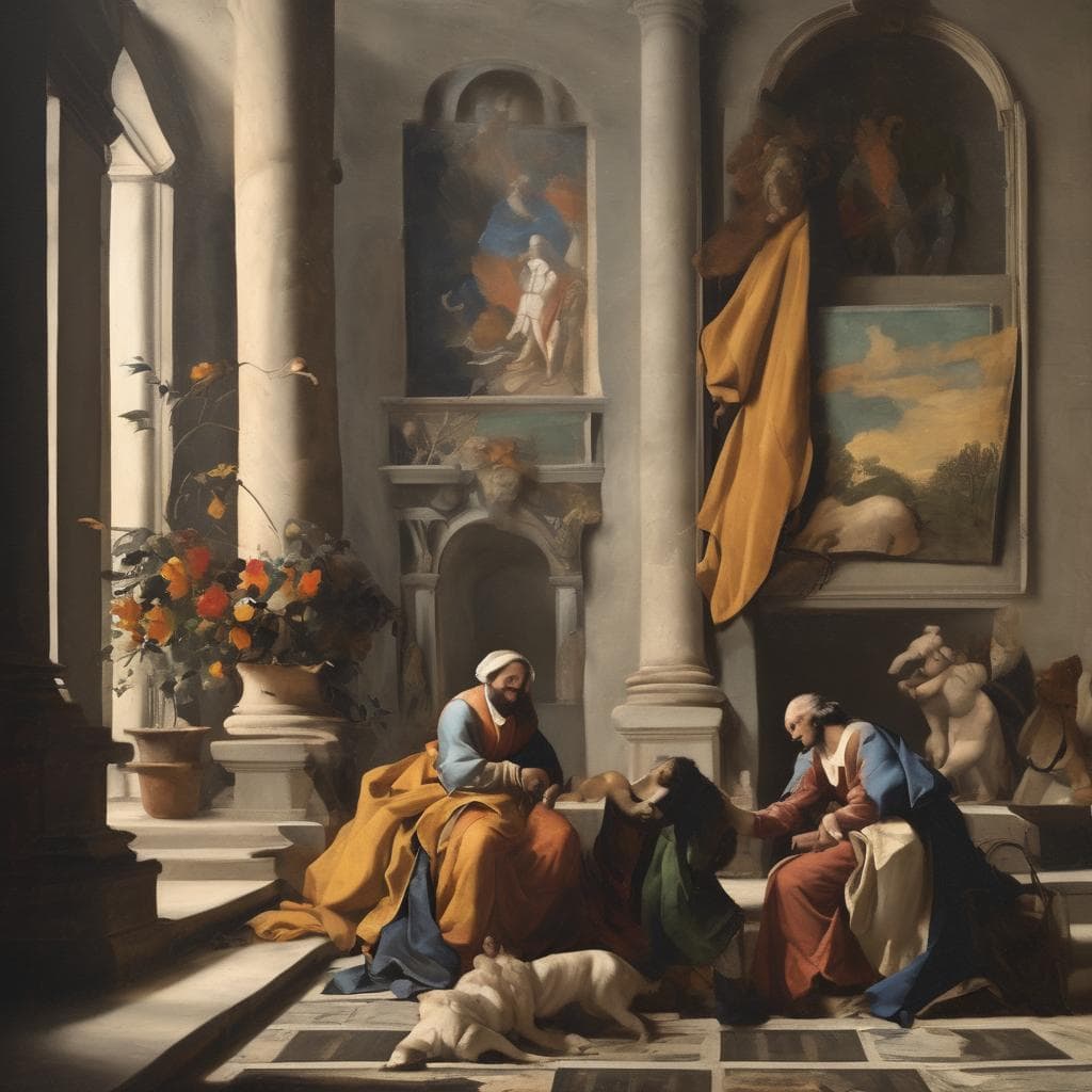 Άγαλμα και πίνακες ζωγραφικής με θέμα την τέχνη και τους μεγάλους δημιουργούς σε εορταστικό χώρο.