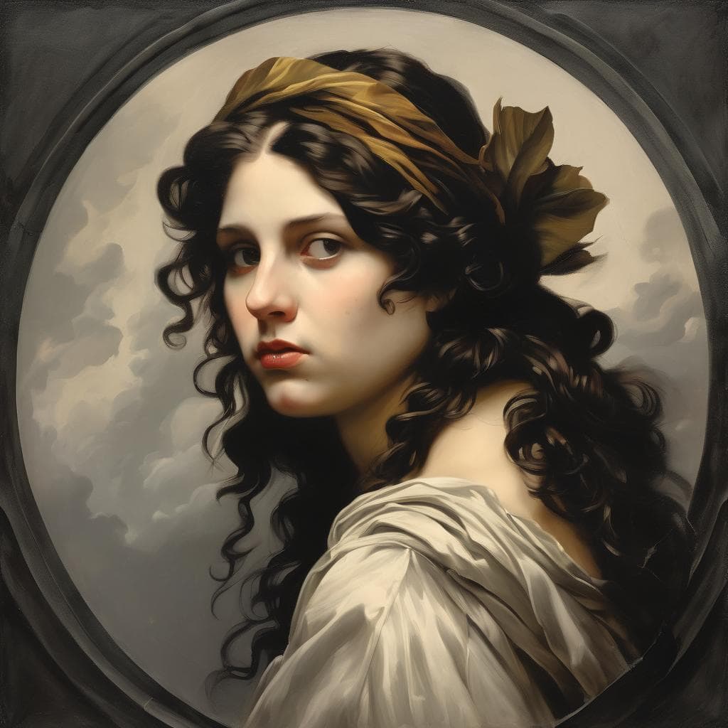 Πορτρέτο μεγάλης δημιουργού με κομψά σγουρά μαλλιά και στεφάνι από φύλλα, εμπνευσμένο από την τέχνη και τους μεγάλους δημιουργούς.